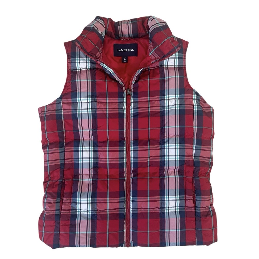 Lands‎ End Puffer Vest Women's Large Tall Down Filled Red Tartan Plaid Full Zip